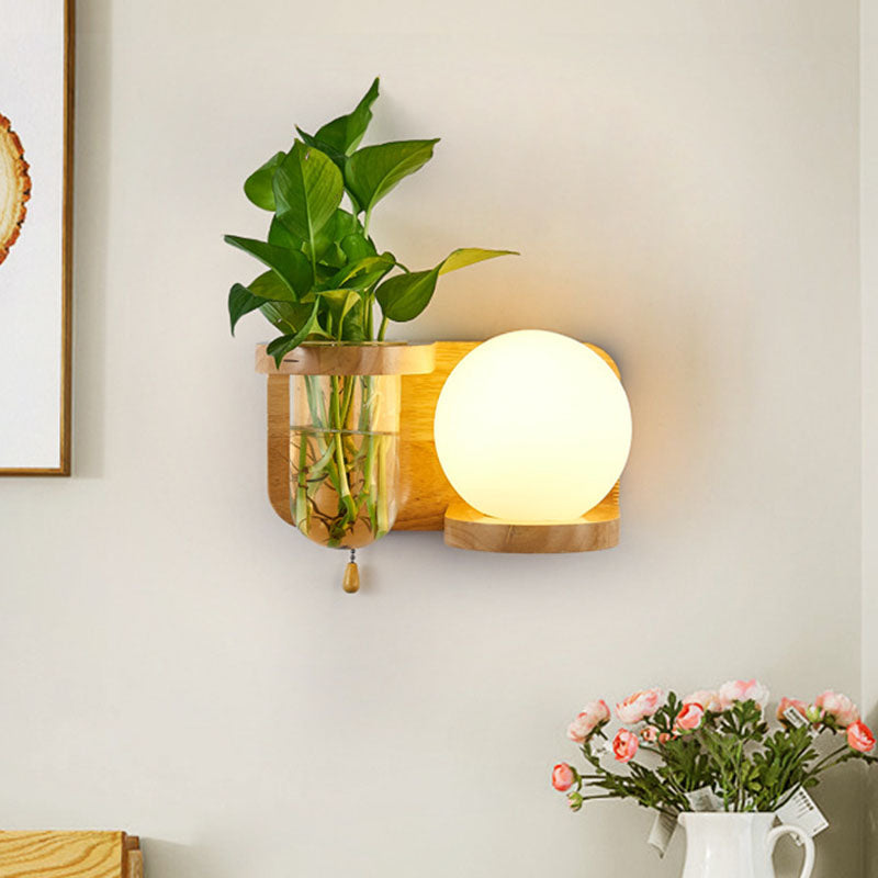 BowLift | Ball White Glass Wall Lamp Industry 1 Bulb Bedroom LED Wall Lamp Fixture in Wood, Left/Right