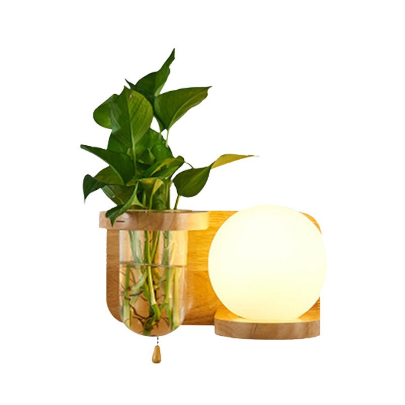 BowLift | Ball White Glass Wall Lamp Industry 1 Bulb Bedroom LED Wall Lamp Fixture in Wood, Left/Right