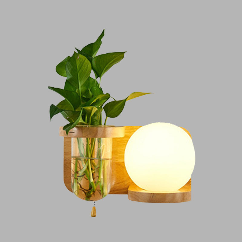BowLift | Ball White Glass Wall Lamp Industry 1 Bulb Bedroom LED Wall Lamp Fixture in Wood, Left/Right