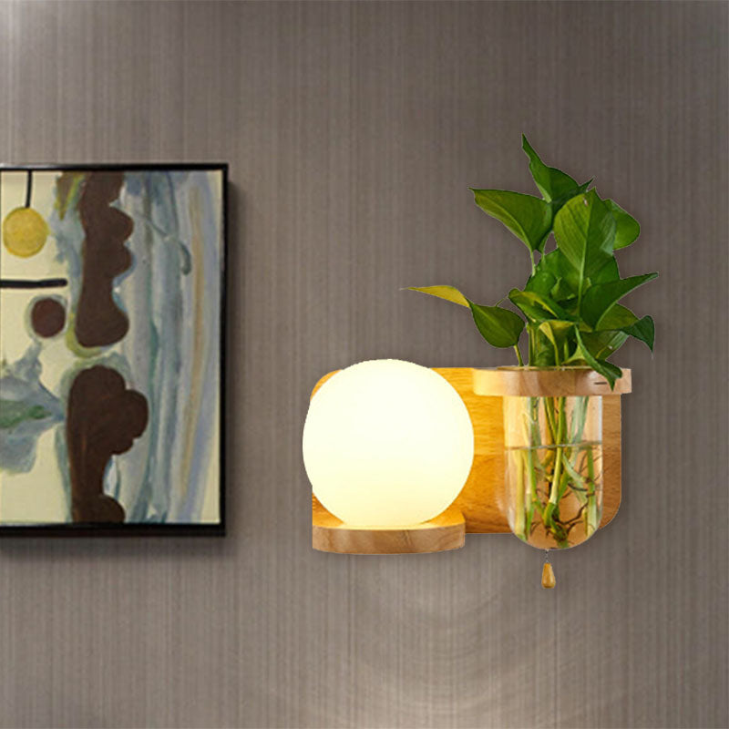 BowLift | Ball White Glass Wall Lamp Industry 1 Bulb Bedroom LED Wall Lamp Fixture in Wood, Left/Right