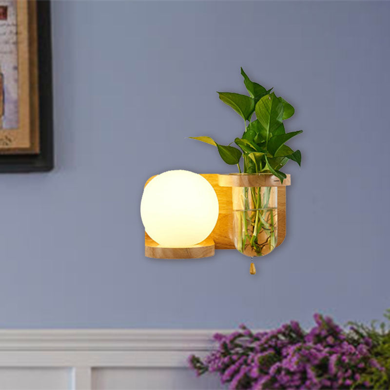 BowLift | Ball White Glass Wall Lamp Industry 1 Bulb Bedroom LED Wall Lamp Fixture in Wood, Left/Right