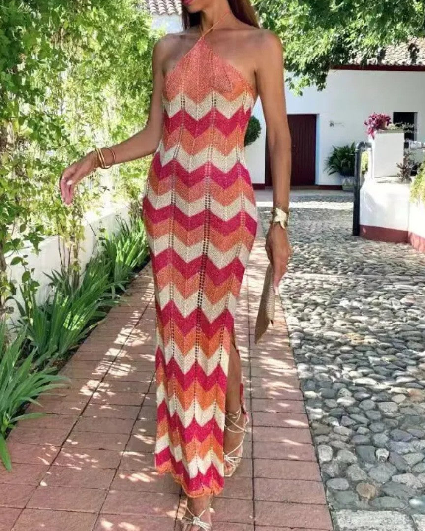 Halter-Neck Maxi Dress with High Slit and Zigzag Print