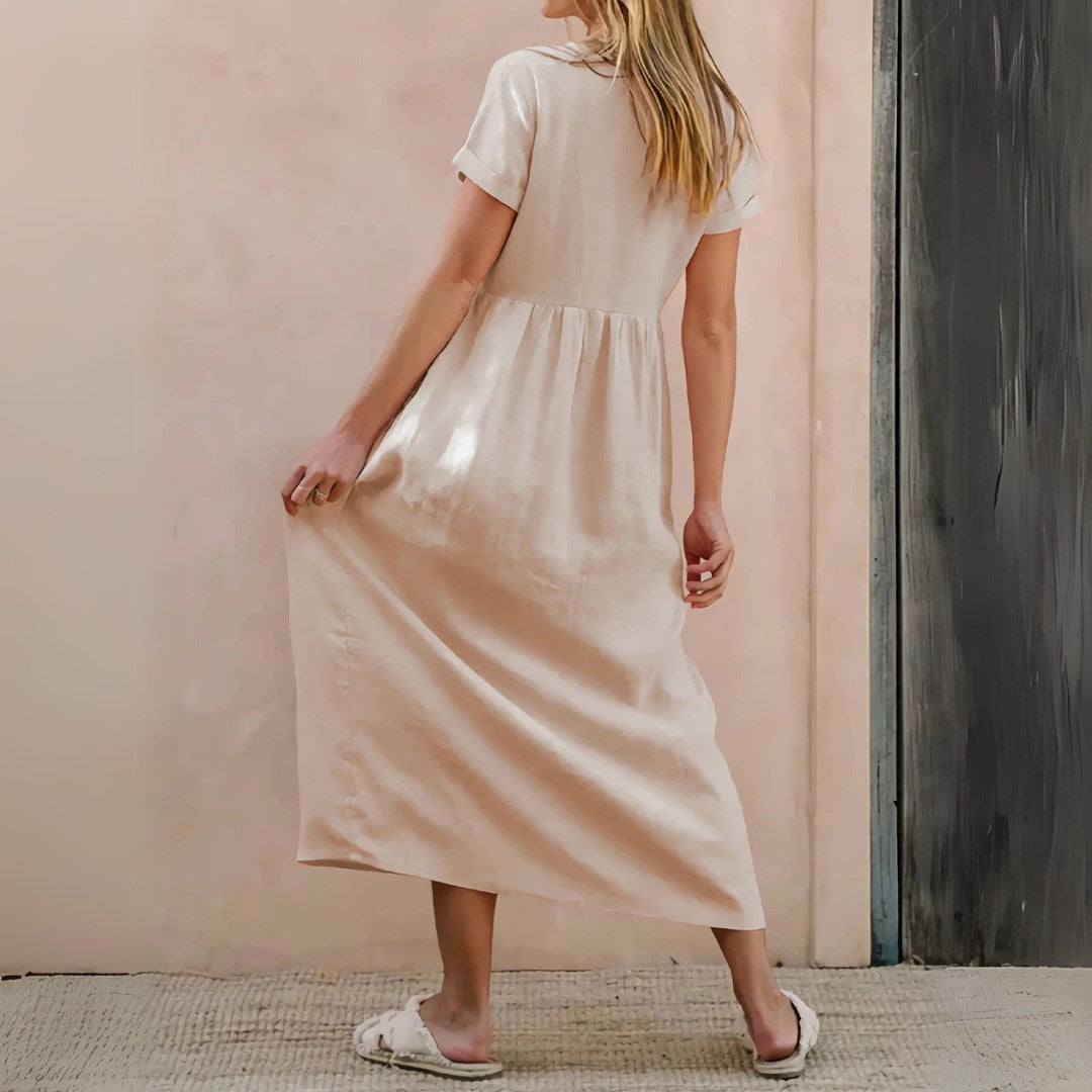 Casual Midi Dress with V-Neckline and Button-Front Design