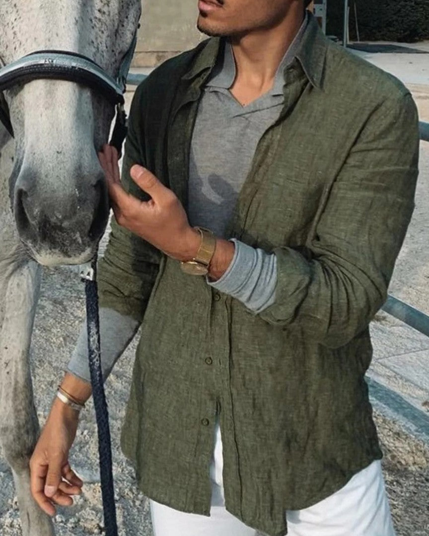 Long Sleeve Linen Shirt with Stand Collar and Relaxed Fit