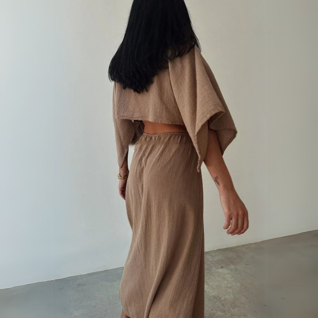 Maxi Dress with V-Neckline, High Slit, and Cut-Out Waist