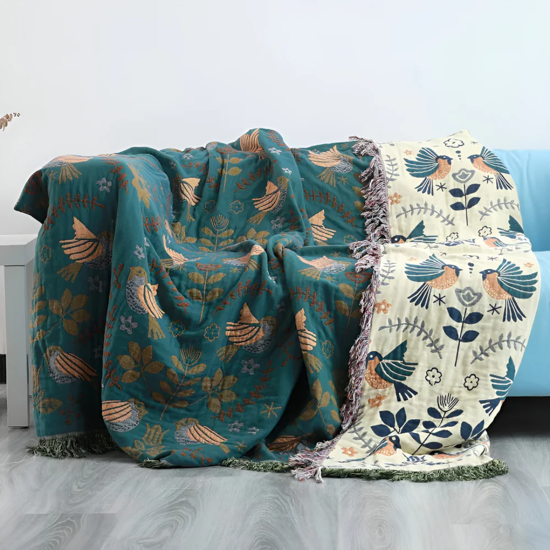 BowLift | Embroidered Cotton Throw Blanket with Birds and Flowers
