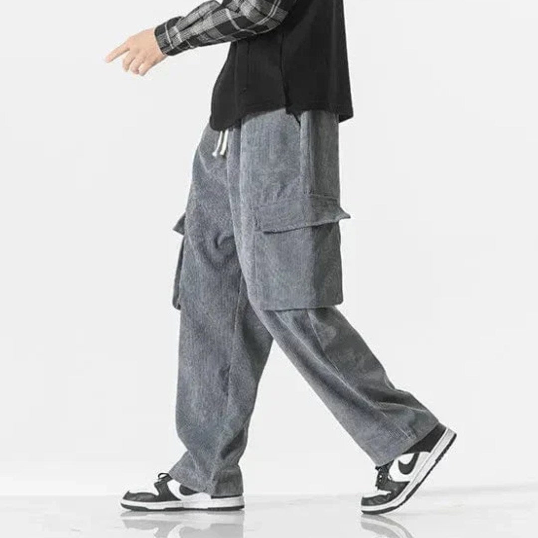 Corduroy Cargo Trousers with Drawstring Waist and Utility Pockets
