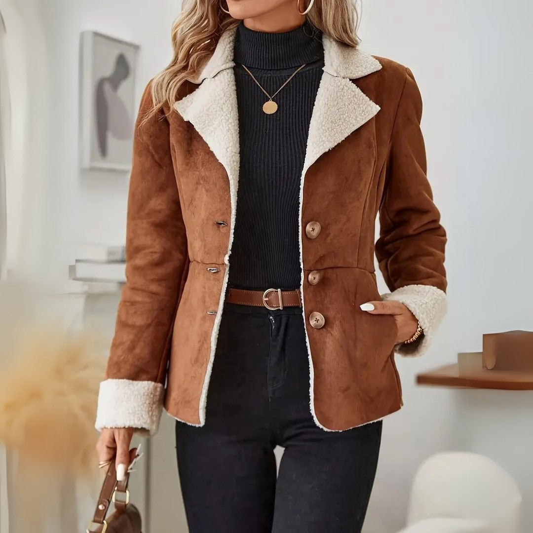 Sherpa-Lined Suede Coat in Oversized Lapel Design