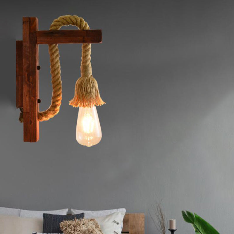 BowLift | Rope Exposed Bulb Sconce Lighting Coastal 1 Light Living Room Wall Lamp in Red/Brown/Wood