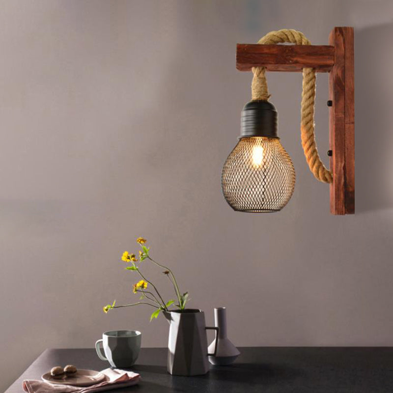 BowLift | Rope Exposed Bulb Sconce Lighting Coastal 1 Light Living Room Wall Lamp in Red/Brown/Wood