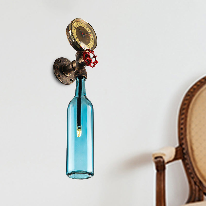 BowLift | Brown/Blue Bottle Wall Sconce Lamp Vintage Stylish Glass 1 Bulb Living Room Wall Lighting with Manometer and Valve