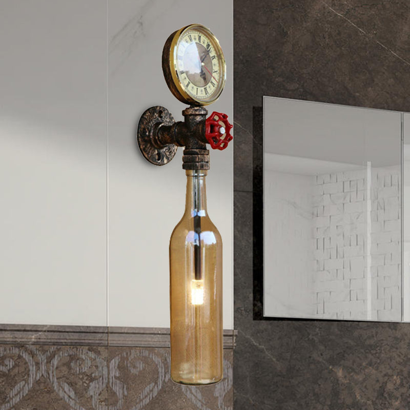 BowLift | Brown/Blue Bottle Wall Sconce Lamp Vintage Stylish Glass 1 Bulb Living Room Wall Lighting with Manometer and Valve
