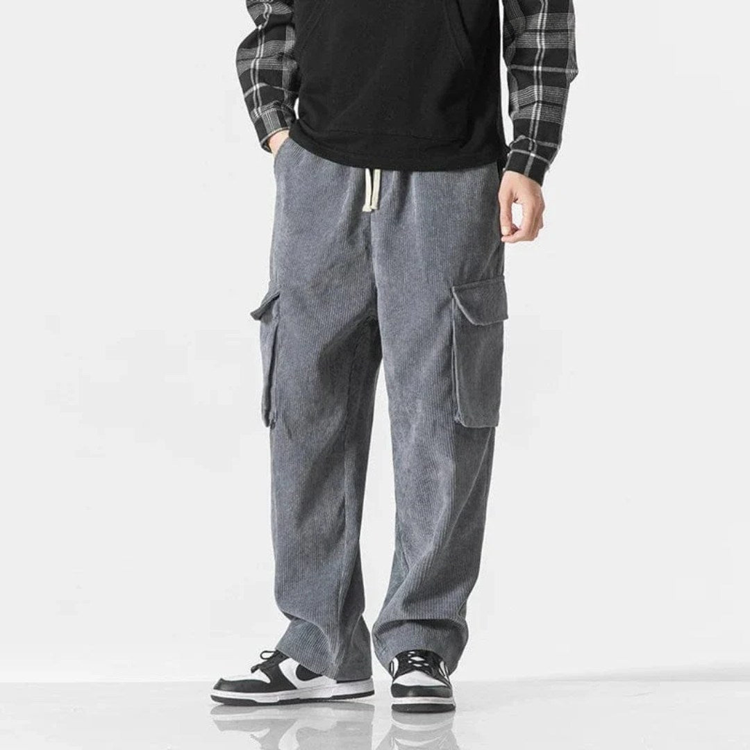 Corduroy Cargo Trousers with Drawstring Waist and Utility Pockets