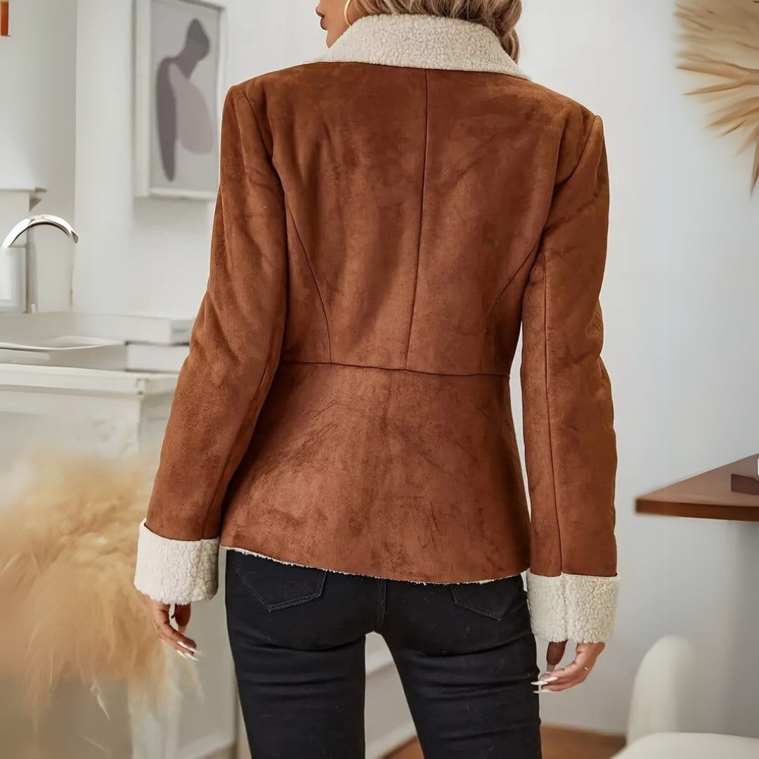 Sherpa-Lined Suede Coat in Oversized Lapel Design