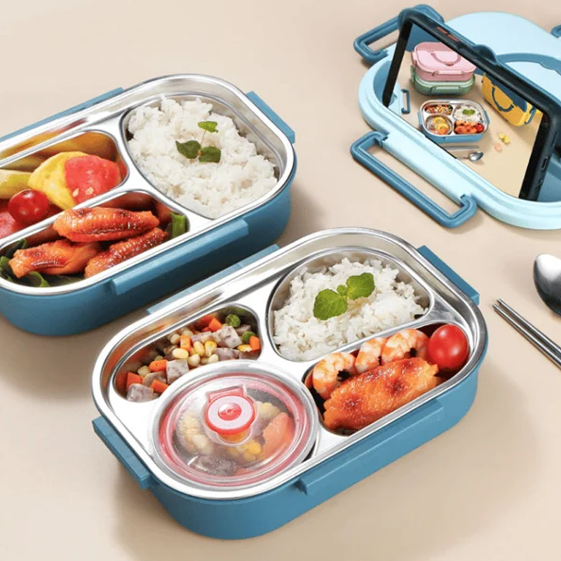 BowLift | Thermo-Lunchbox made of stainless steel – inside made of stainless steel – 3 or 4 compartments with soup bowl – wall clock