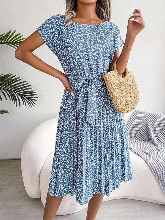 Floral A-Line Dress with Tie Waist