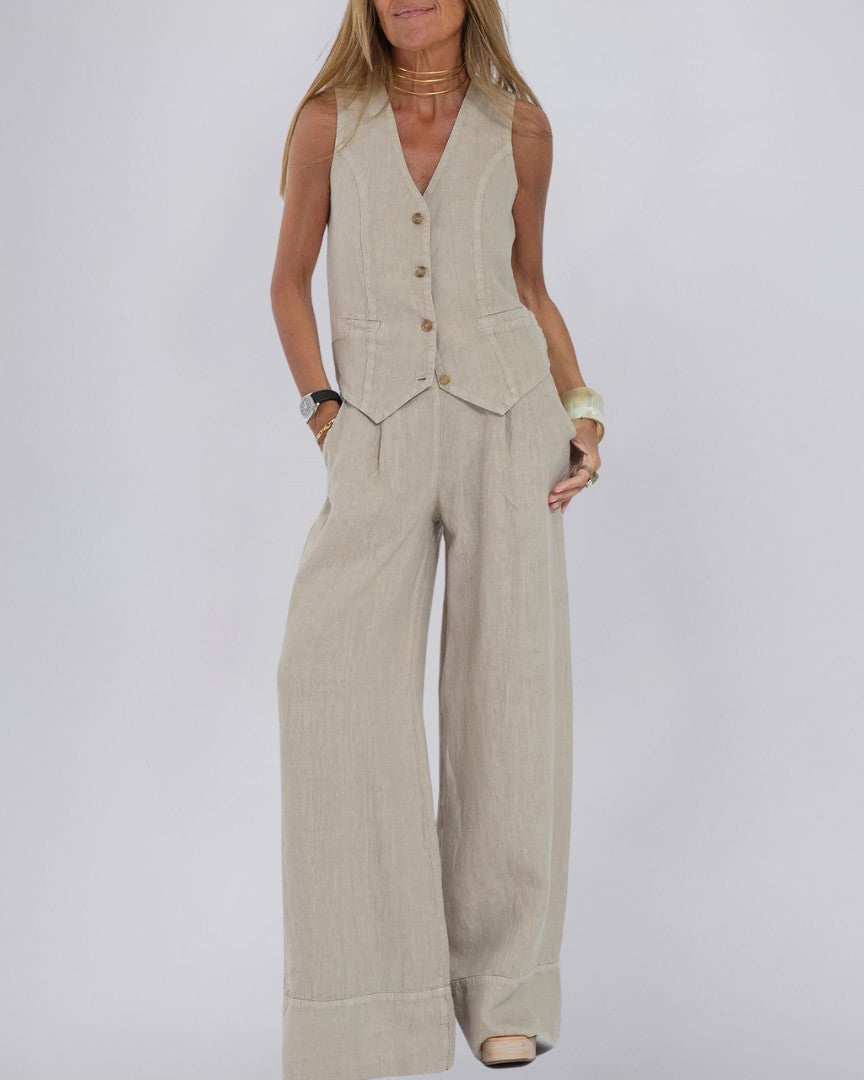 Tailored Linen Vest with Streamlined Fit and Button Detail
