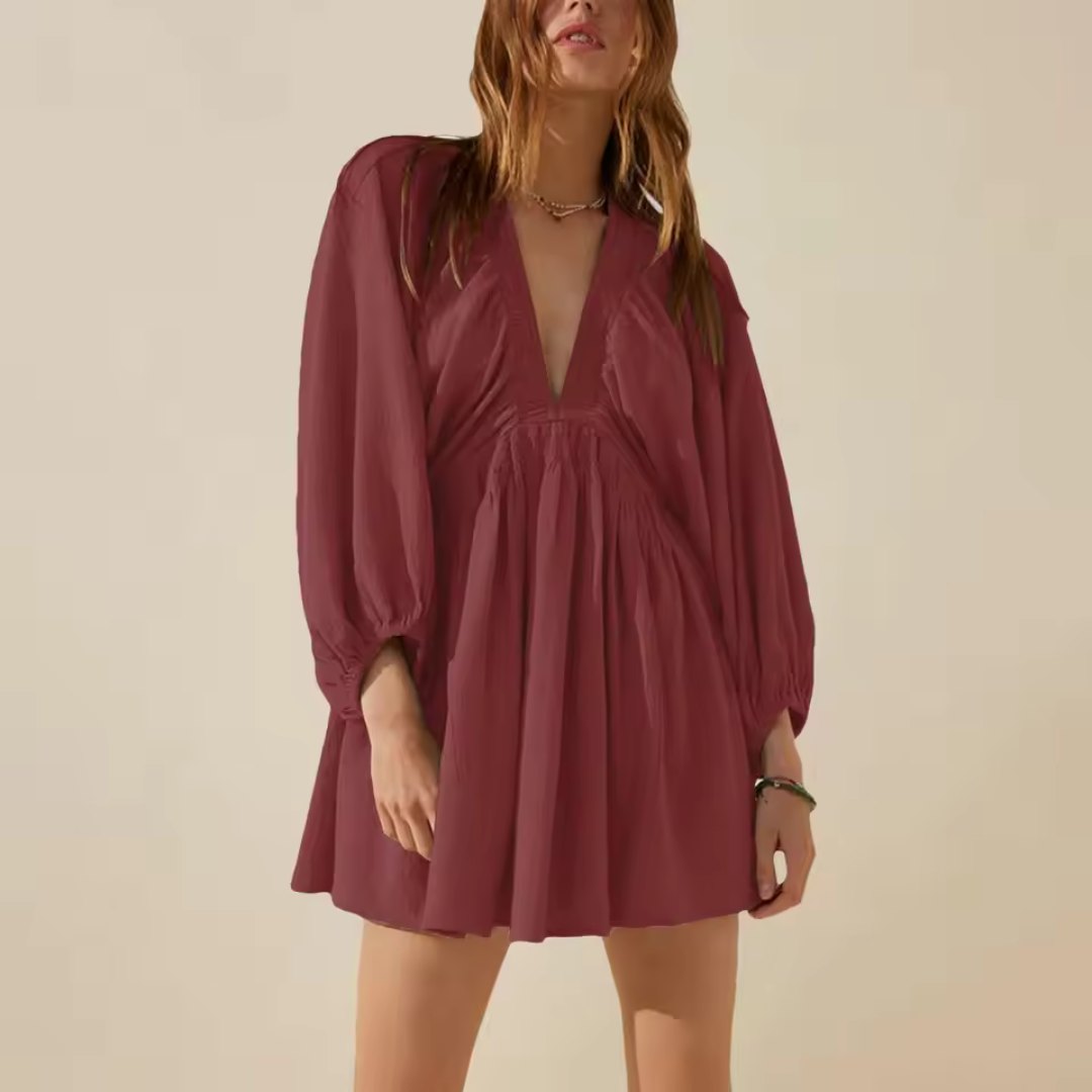 V-Neck Mini Dress with Long Sleeves and Gathered Waist