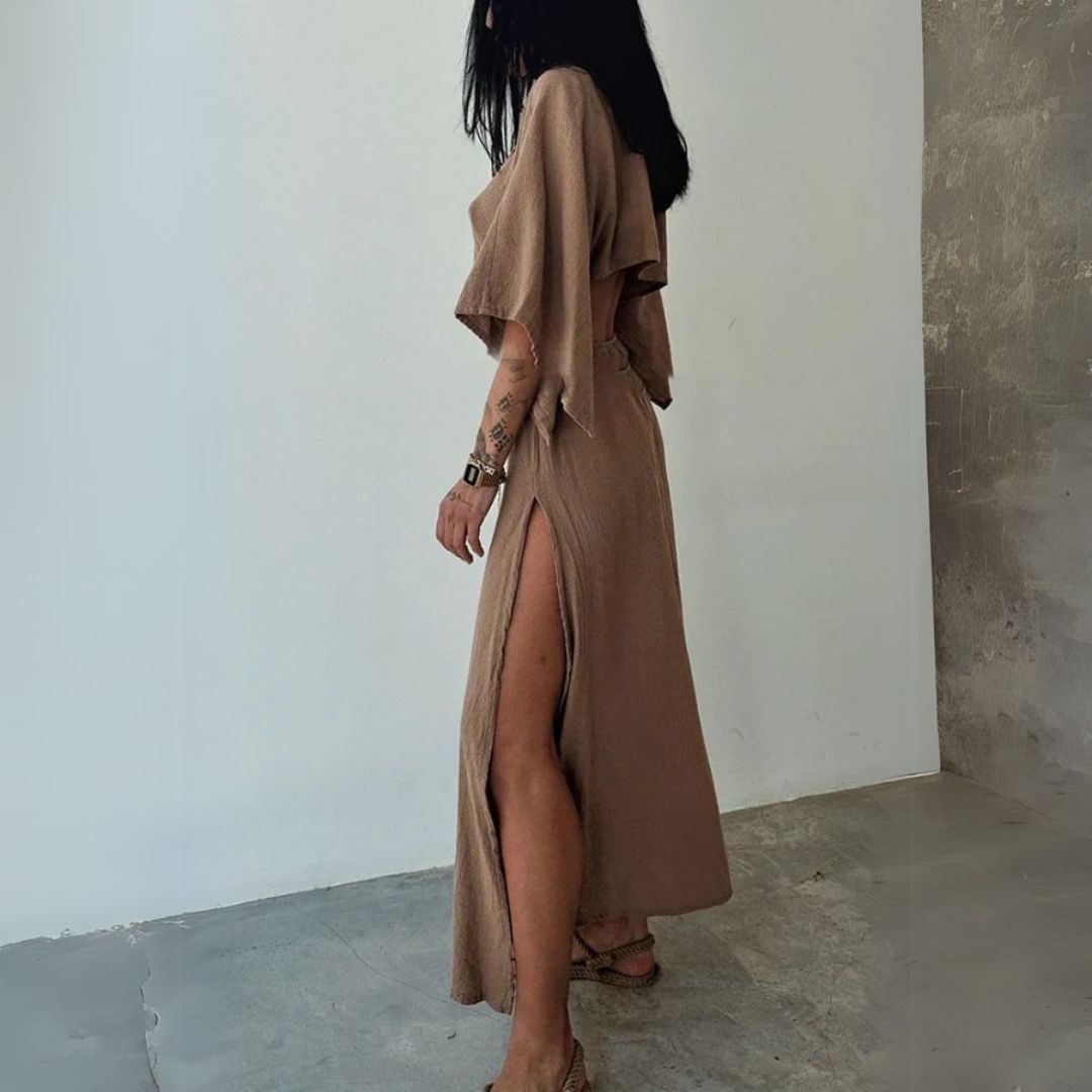 Maxi Dress with V-Neckline, High Slit, and Cut-Out Waist