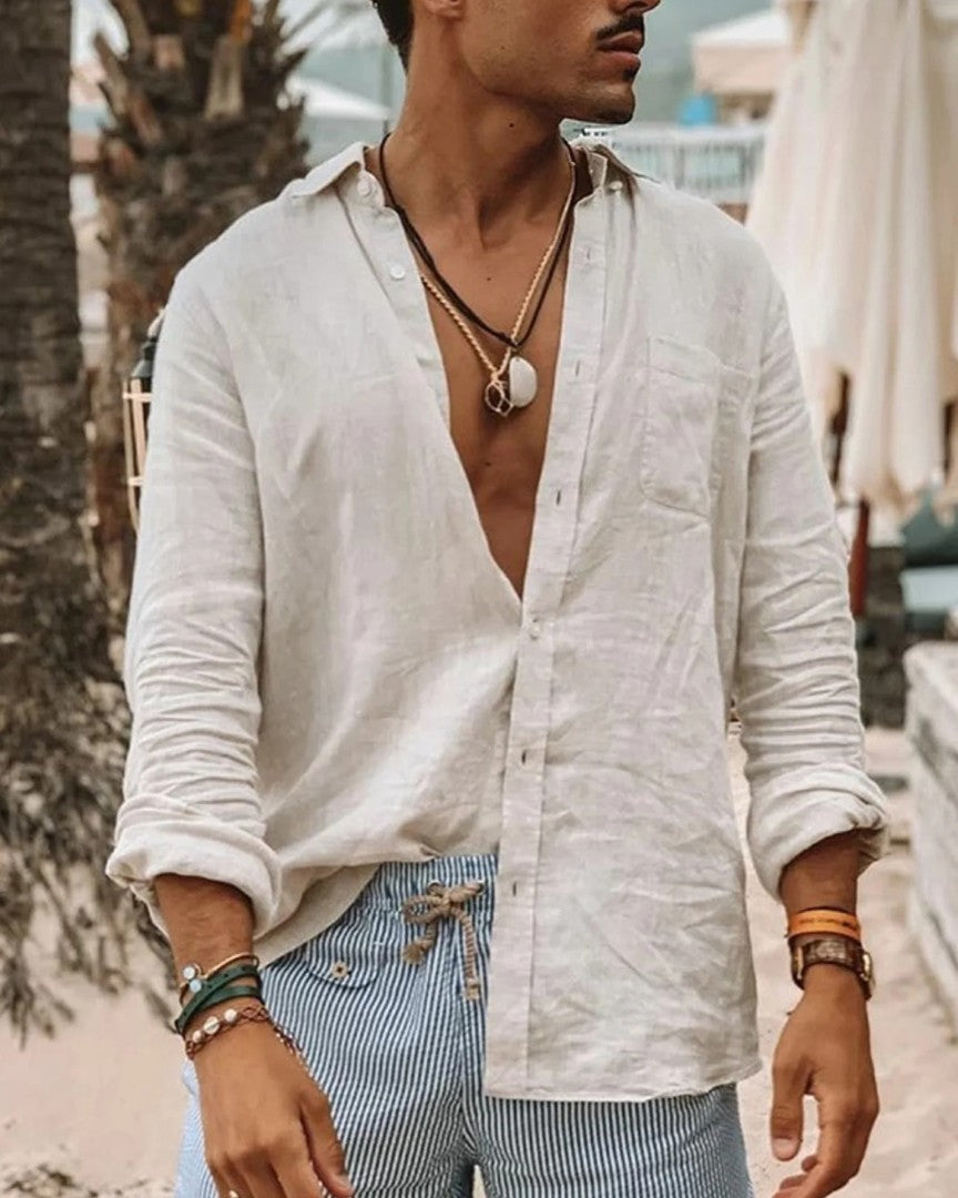 Long Sleeve Linen Shirt with Stand Collar and Relaxed Fit