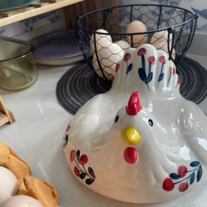 BowLift | Ceramic Egg Holder Chicken with Wire Basket