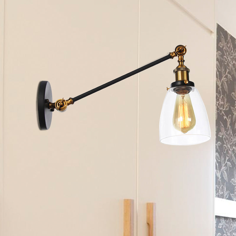 BowLift | Black/Bronze/Brass 1-light Wall Lamp Fixture Industrial Style Clear Glass Cone Light with Arm, 8"/12" L
