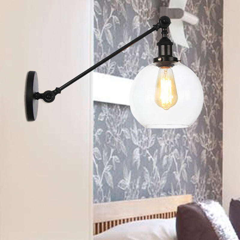 BowLift | Clear Glass Globe Wall Lighting Country House 1 Light Living Room Fixture in Black/ Brass/ Bronze with Arm, 8"/12" L