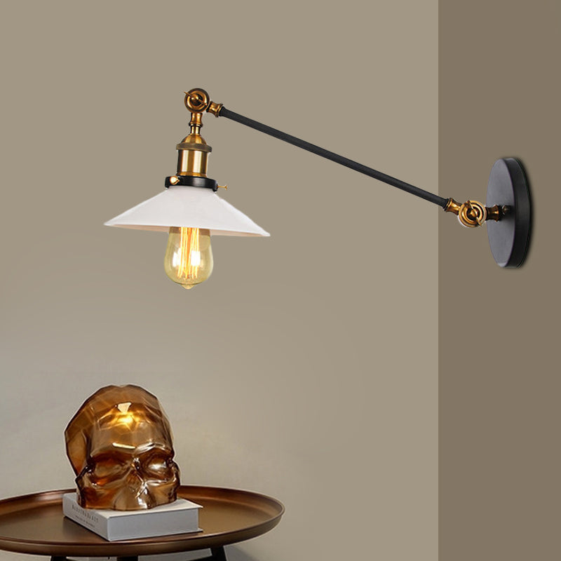BowLift | Industrial Conical Wall Lamp 1 Light Opal Glass Wall Lamp in Black/Copper/Brass with Arm, 8"/12" L