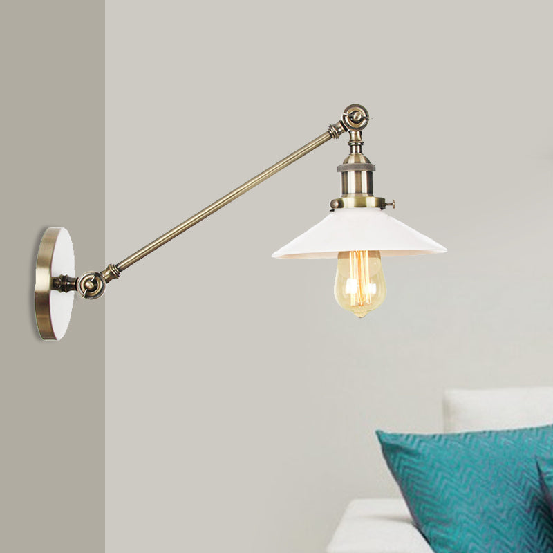 BowLift | Industrial Conical Wall Lamp 1 Light Opal Glass Wall Lamp in Black/Copper/Brass with Arm, 8"/12" L