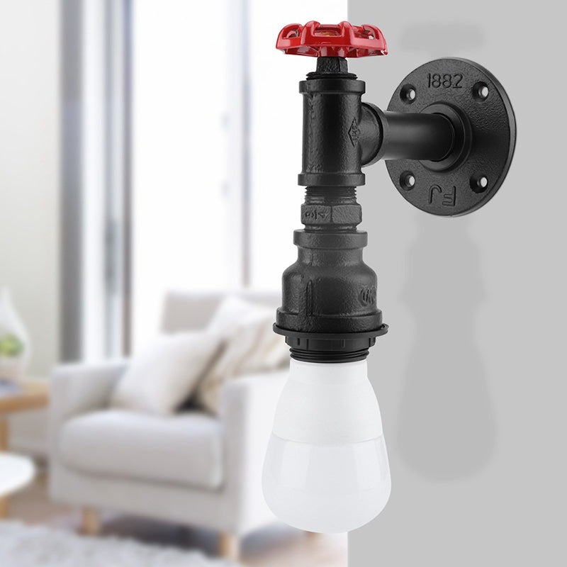 BowLift | Black 1-Bulb Wall Lamp Farmhouse Iron Pipe Wall Mount Lighting with Red Valve Decoration for the Corner