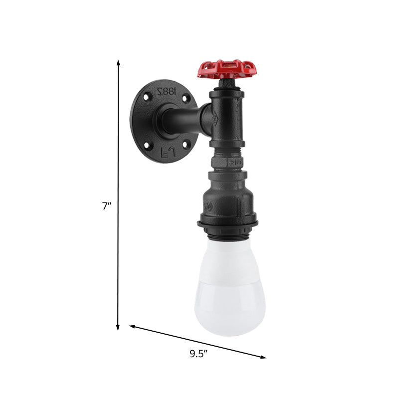 BowLift | Black 1-Bulb Wall Lamp Farmhouse Iron Pipe Wall Mount Lighting with Red Valve Decoration for the Corner