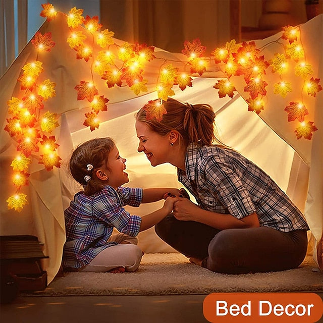 BowLift | Autumn Maple Leaf String Lights | Warm White LED Garland | Battery or USB Powered