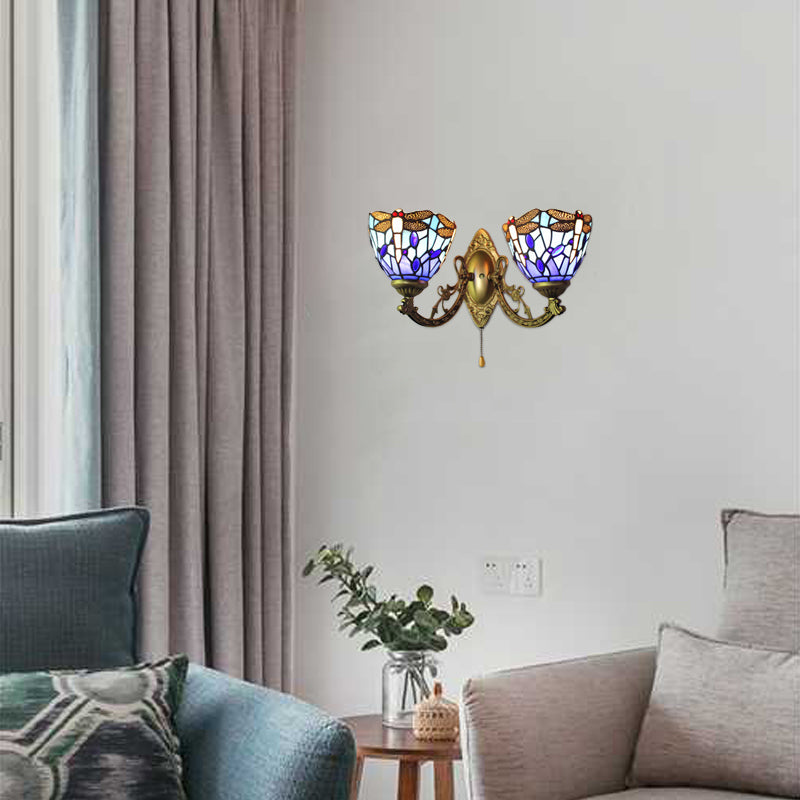 BowLift | 8.5"/11" Width Dragonfly Living Room Wall Lamp Stained Glass 2 Heads Tiffany Vintage Wall Light in Blue