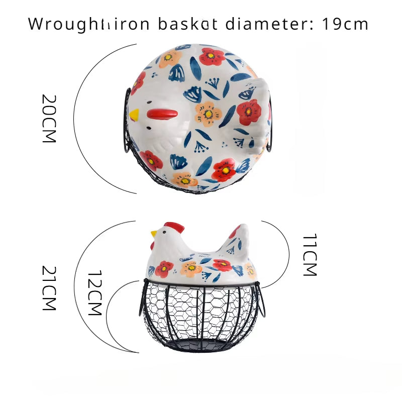 BowLift | Ceramic Egg Holder Chicken with Wire Basket