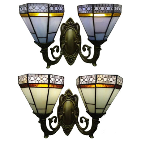 BowLift | Study Room Pyramid Wall Lamp Art Glass 2 Bulbs Tiffany Classic Wall Light with Curved Arm in Beige/Blue