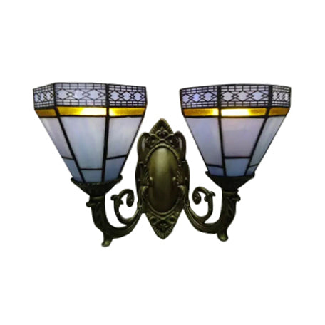 BowLift | Study Room Pyramid Wall Lamp Art Glass 2 Bulbs Tiffany Classic Wall Light with Curved Arm in Beige/Blue