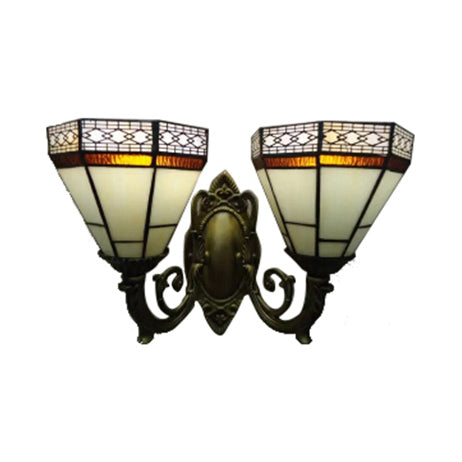 BowLift | Study Room Pyramid Wall Lamp Art Glass 2 Bulbs Tiffany Classic Wall Light with Curved Arm in Beige/Blue