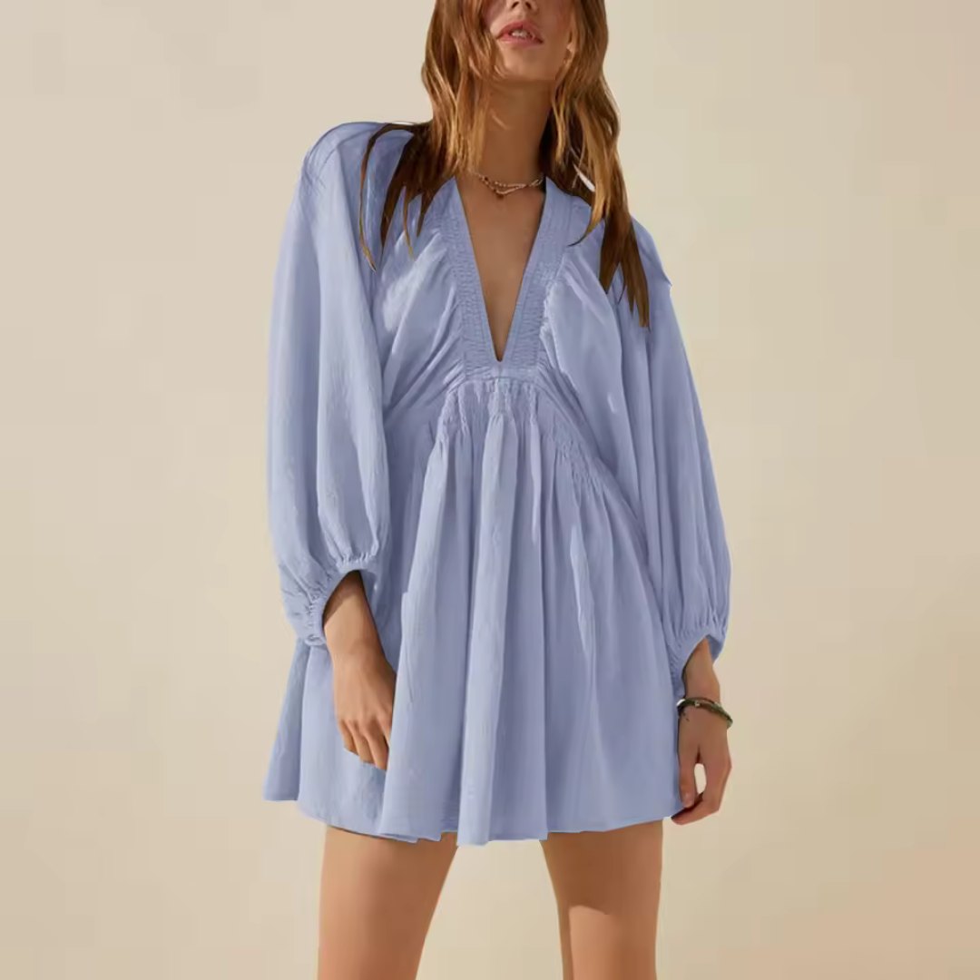 V-Neck Mini Dress with Long Sleeves and Gathered Waist