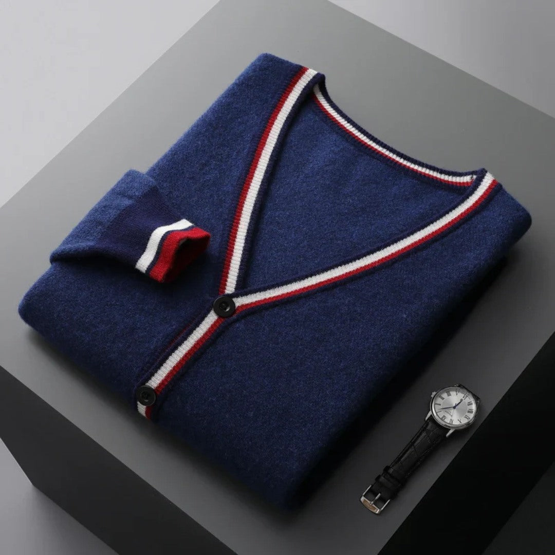 Wool Cardigan with Tricolor Trim