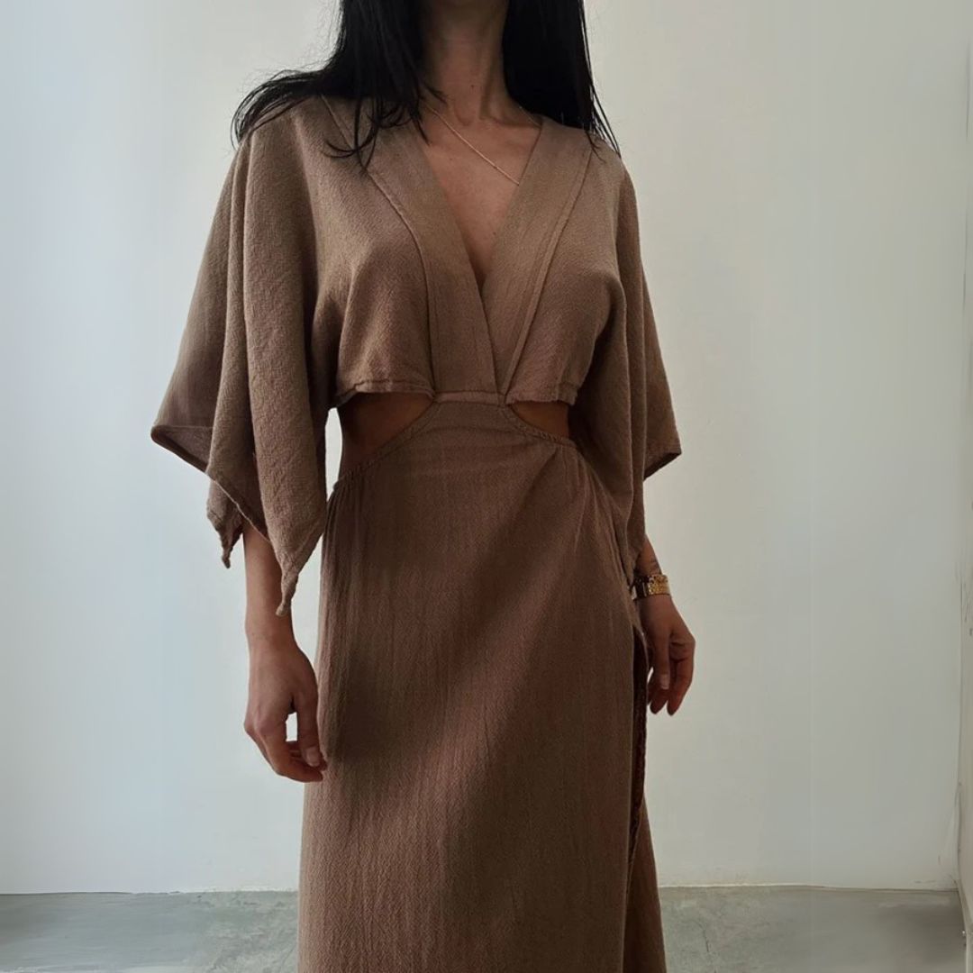Maxi Dress with V-Neckline, High Slit, and Cut-Out Waist