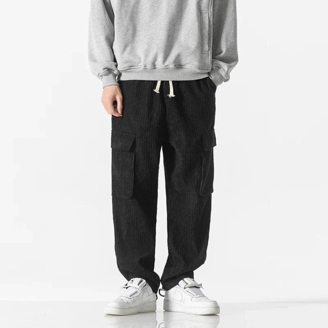 Corduroy Cargo Trousers with Drawstring Waist and Utility Pockets