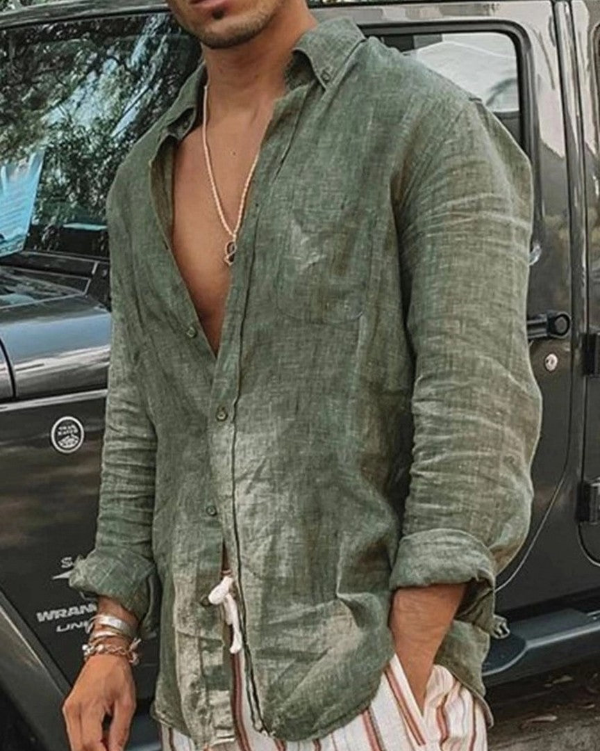 Long Sleeve Linen Shirt with Stand Collar and Relaxed Fit