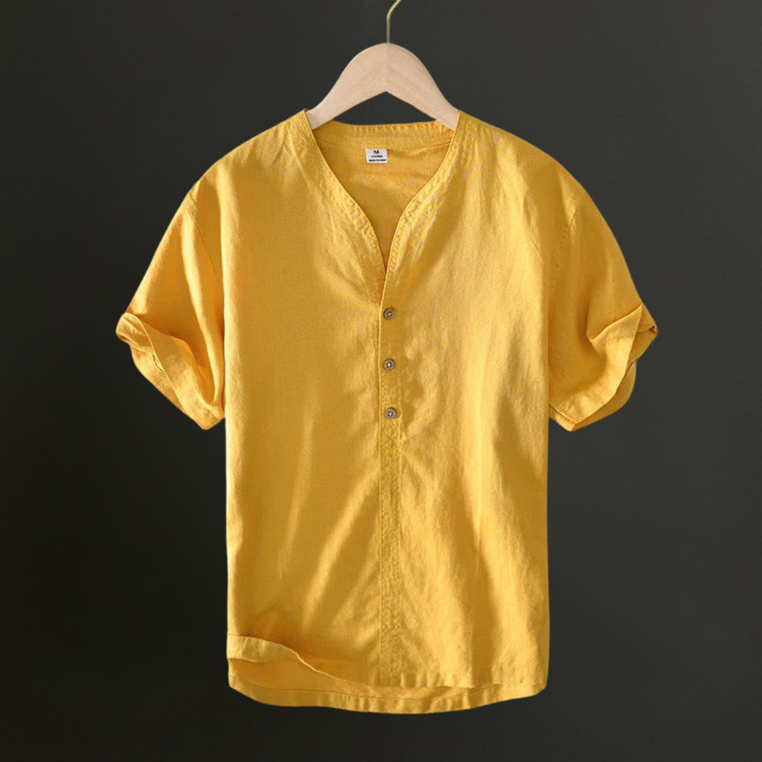 Lightweight Linen Shirt with V-Neck Detail