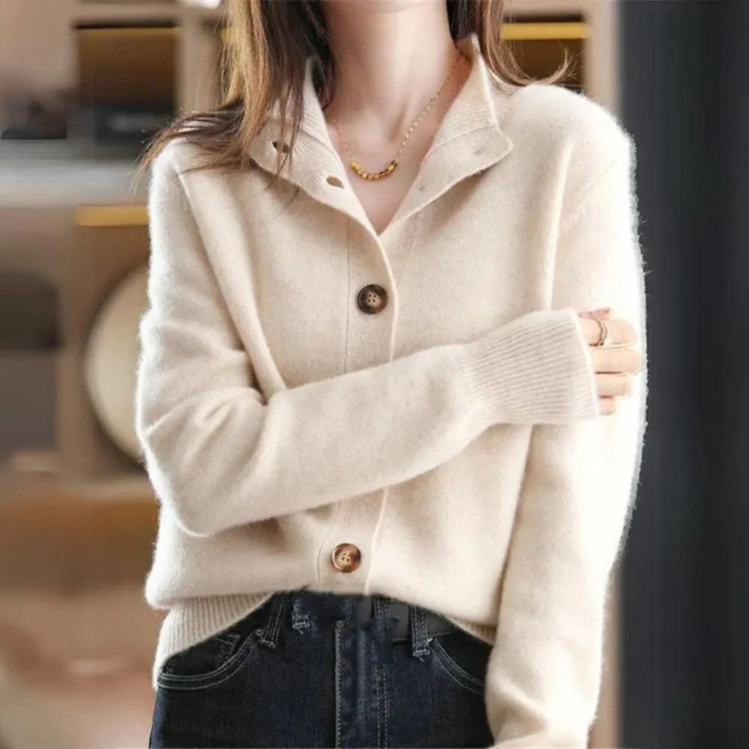 Wool Blend Cardigan with Scalloped Buttons and Stand-Up Collar