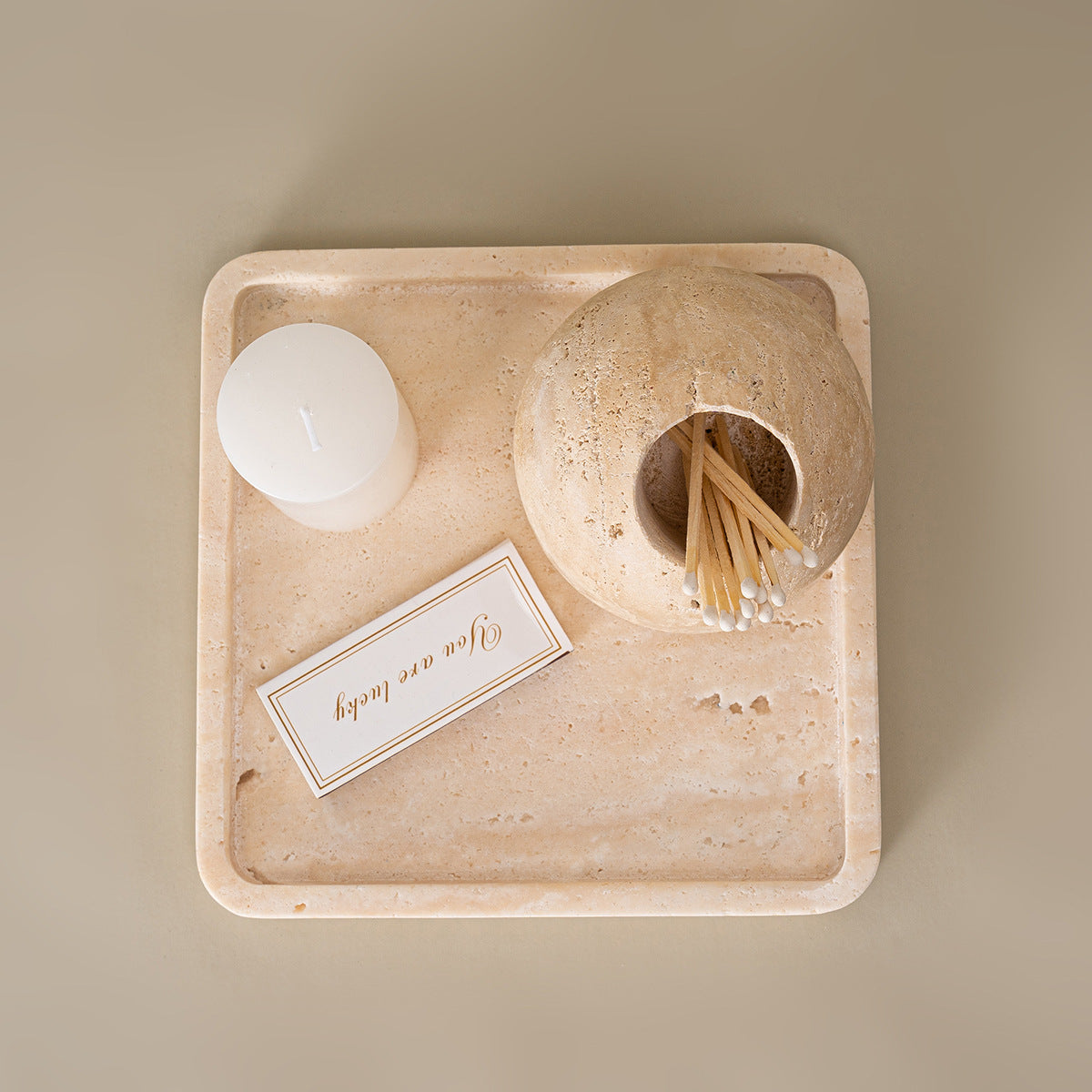 BowLift | Beige Travertine Stone Match Holder and Toothpick Jar