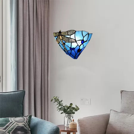 BowLift | Wall lamp Bowl with dragonfly pattern stained glass 2 lights rustic wall mount light