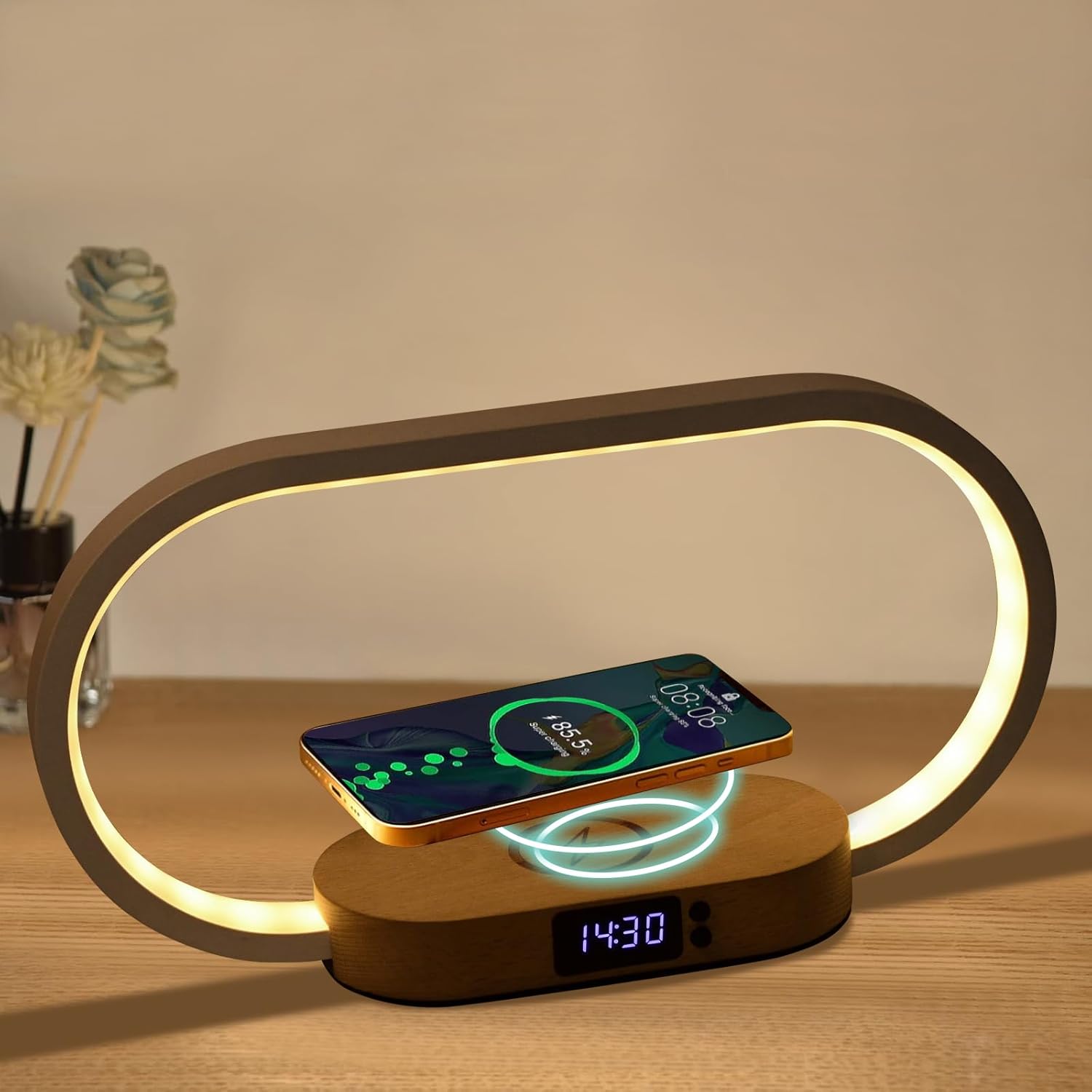 BowLift | Wireless Charging Bedside Table Lamp with Clock – Lumora