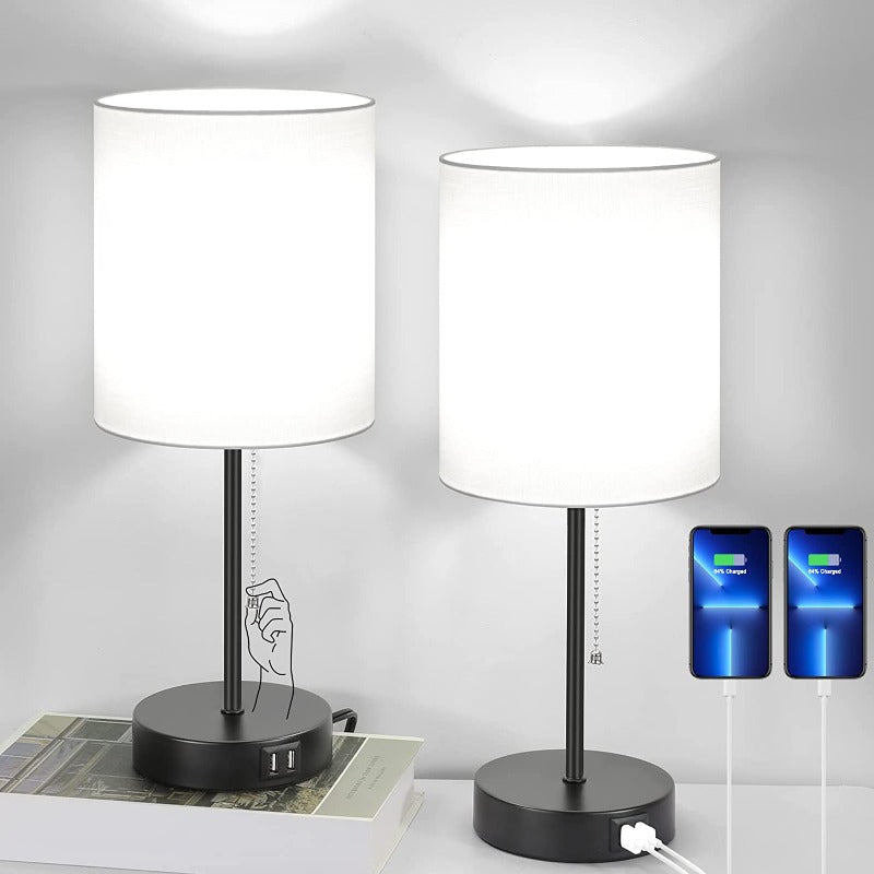 BowLift | Table lamp set of 2 with USB charging ports, gray bedside lamps with AC outlet, bedside lamps with pull switch, minimalist modern desk lamps with fabric shade for living room bedroom office