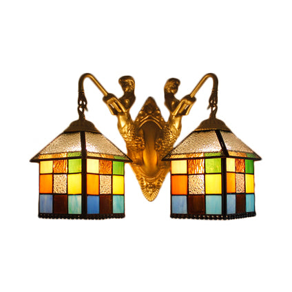 BowLift | House Wall Light-Tiffany Multicolor Stained Glass 2 Heads Clear/Blue Wall Lamp
