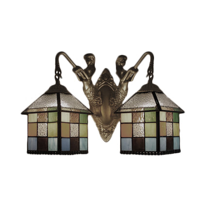 BowLift | House Wall Light-Tiffany Multicolor Stained Glass 2 Heads Clear/Blue Wall Lamp